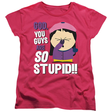 Hot pink women's t-shirt with South Park So Stupid graphic