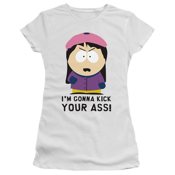 White juniors t-shirt with South Park Im Gonna Kick Your Ass graphic