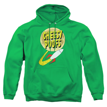 Kelly green pullover hoodie with South Park Cheesy Poofs graphic