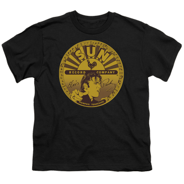 Black youth t-shirt for ages 8 to 12 with Elvis Presley Elvis Full Sun Label graphic