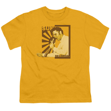 Gold youth t-shirt for ages 8 to 12 with Elvis Presley Sun Records Slvis On The Mic graphic