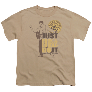 Sand youth t-shirt for ages 8 to 12 with Elvis Presley Rock A Doodle Elvis graphic