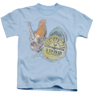Light blue kid's t-shirt for ages 4 to 7 with Sun Records Rockin Rooster graphic