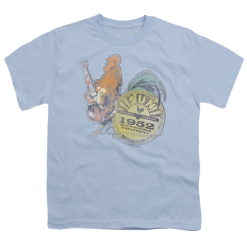 Light blue youth t-shirt for ages 8 to 12 with Sun Records Rockin Rooster graphic