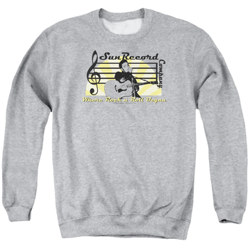Athletic heather men's crewneck sweatshirt with Elvis Presley Sun Record Company graphic