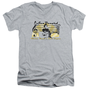 Athletic heather men's v-neck t-shirt with Elvis Presley Sun Record Company graphic