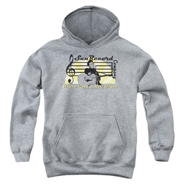 Athletic heather youth hoodie for ages 8 to 12 with Elvis Presley Sun Record Company graphic
