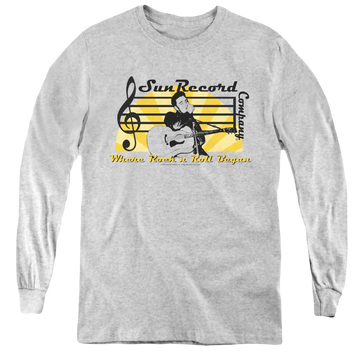 Athletic heather youth long sleeve t-shirt with Elvis Presley Sun Record Company graphic