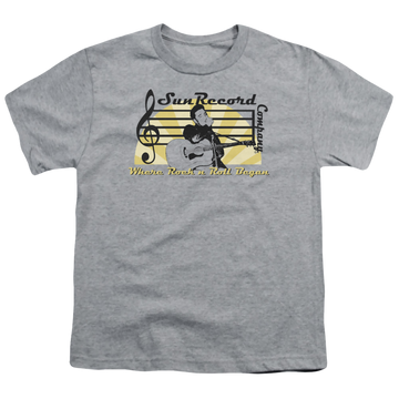 Athletic heather youth t-shirt for ages 8 to 12 with Elvis Presley Sun Record Company graphic