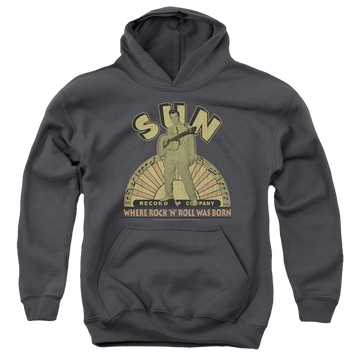 Charcoal youth hoodie for ages 8 to 12 with Elvis Presley Original Son graphic