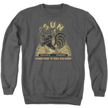 Charcoal men's crewneck sweatshirt with Sun Records Sun Rooster graphic