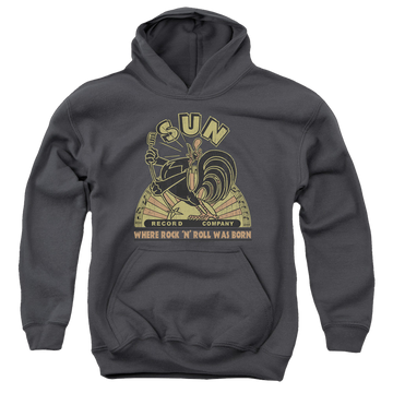 Charcoal youth hoodie for ages 8 to 12 with Sun Records Sun Rooster graphic
