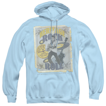 Light blue pullover hoodie with Elvis Presley Heritage Of Rock Poster graphic