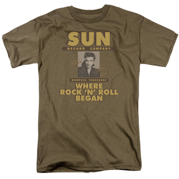 Safari green men's regular fit t-shirt with Elvis Presley Sun Ad graphic