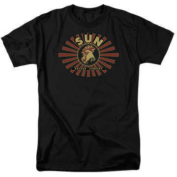 Black men's regular fit t-shirt with Sun Records Sun Ray Rooster graphic