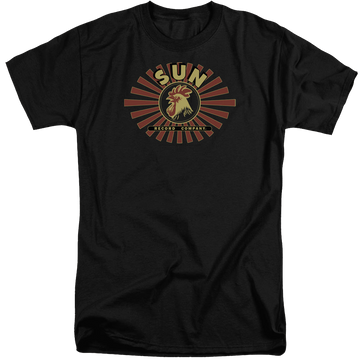 Black men's tall fit t-shirt with Sun Records Sun Ray Rooster graphic