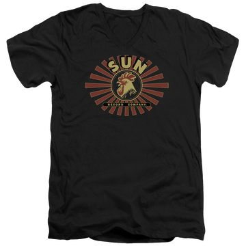 Black men's v-neck t-shirt with Sun Records Sun Ray Rooster graphic