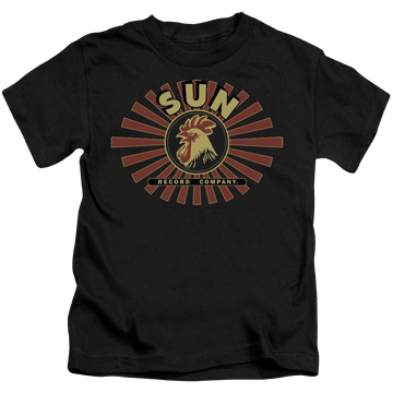 Black kid's t-shirt for ages 4 to 7 with Sun Records Sun Ray Rooster graphic