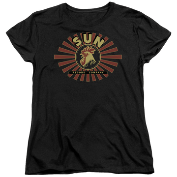 Black women's t-shirt with Sun Records Sun Ray Rooster graphic