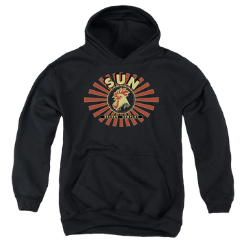 Black youth hoodie for ages 8 to 12 with Sun Records Sun Ray Rooster graphic