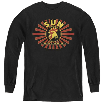 Black youth long sleeve t-shirt with Sun Records Sun Ray Rooster graphic
