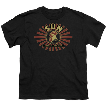 Black youth t-shirt for ages 8 to 12 with Sun Records Sun Ray Rooster graphic