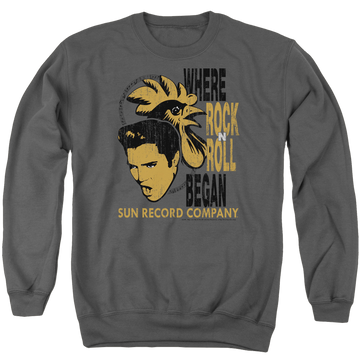 Charcoal men's crewneck sweatshirt with Elvis Presley Elvis And Rooster graphic