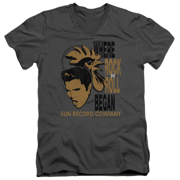 Charcoal men's v-neck t-shirt with Elvis Presley Elvis And Rooster graphic