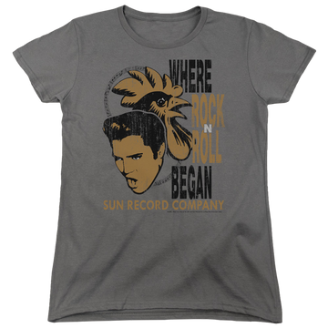 Charcoal women's t-shirt with Elvis Presley Elvis And Rooster graphic