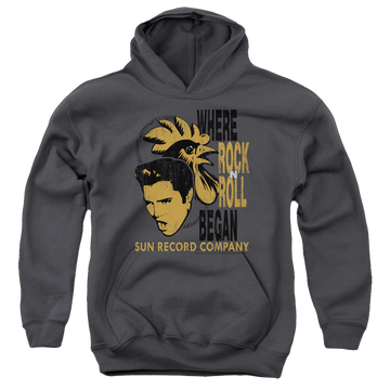Charcoal youth hoodie for ages 8 to 12 with Elvis Presley Elvis And Rooster graphic
