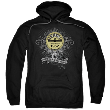 Black pullover hoodie with Sun Records Rockin Scrolls graphic