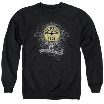 Black men's crewneck sweatshirt with Sun Records Rockin Scrolls graphic