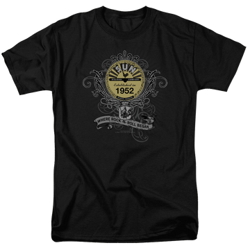 Black men's regular fit t-shirt with Sun Records Rockin Scrolls graphic