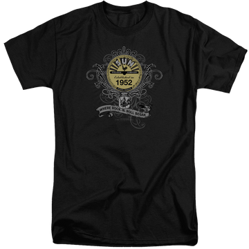 Black men's tall fit t-shirt with Sun Records Rockin Scrolls graphic