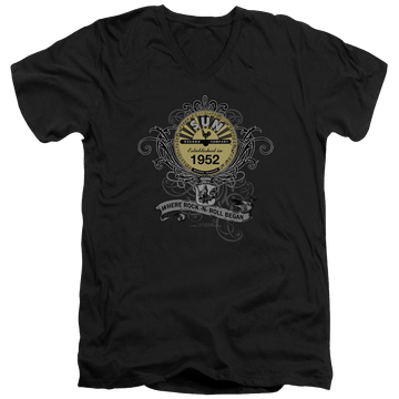 Black men's v-neck t-shirt with Sun Records Rockin Scrolls graphic