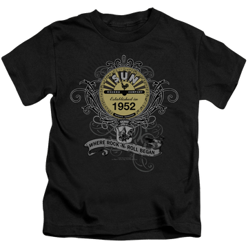 Black kid's t-shirt for ages 4 to 7 with Sun Records Rockin Scrolls graphic