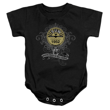 Black baby bodysuit with Sun Records Rockin Scrolls graphic