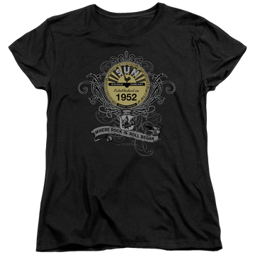 Black women's t-shirt with Sun Records Rockin Scrolls graphic