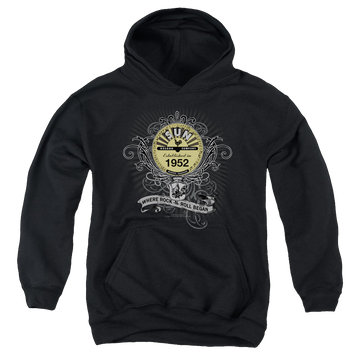 Black youth hoodie for ages 8 to 12 with Sun Records Rockin Scrolls graphic