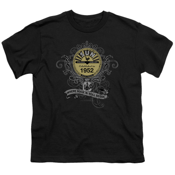 Black youth t-shirt for ages 8 to 12 with Sun Records Rockin Scrolls graphic