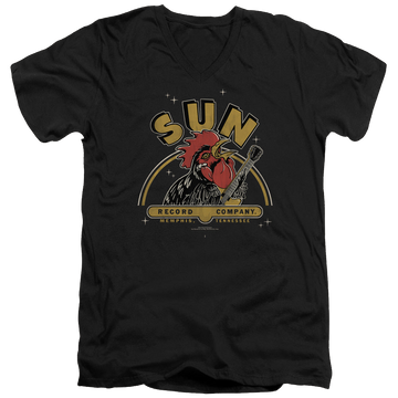 Black men's v-neck t-shirt with Sun Records Rocking Rooster graphic