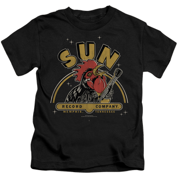 Black kid's t-shirt for ages 4 to 7 with Sun Records Rocking Rooster graphic