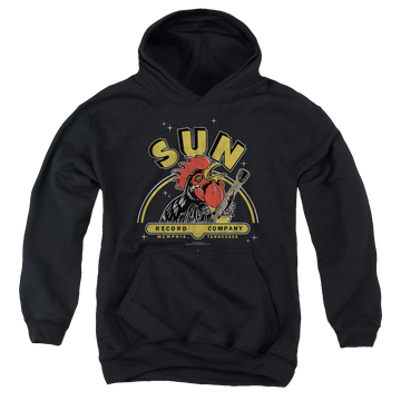 Black youth hoodie for ages 8 to 12 with Sun Records Rocking Rooster graphic