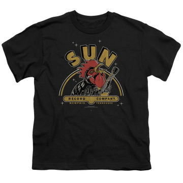 Black youth t-shirt for ages 8 to 12 with Sun Records Rocking Rooster graphic