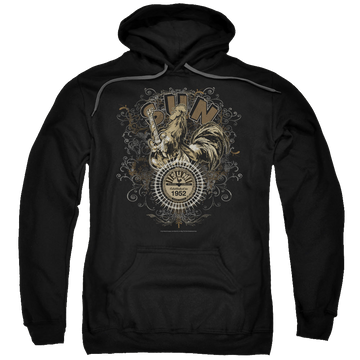 Black pullover hoodie with Sun Records Scroll Around Rooster graphic