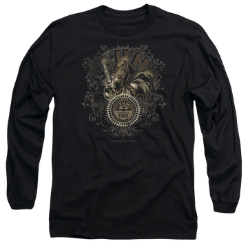 Black men's long sleeve t-shirt with Sun Records Scroll Around Rooster graphic