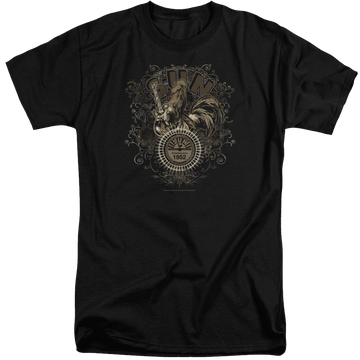Black men's tall fit t-shirt with Sun Records Scroll Around Rooster graphic