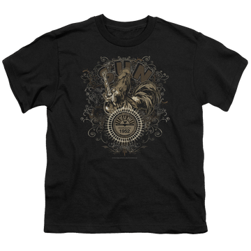 Black youth t-shirt for ages 8 to 12 with Sun Records Scroll Around Rooster graphic