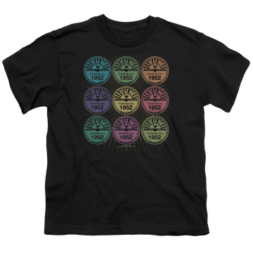 Black youth t-shirt for ages 8 to 12 with Sun Records Rocking Color Block graphic