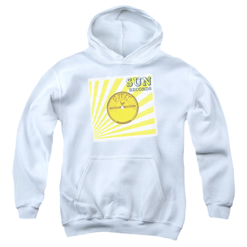 White youth hoodie for ages 8 to 12 with Sun Records Fourty Five graphic